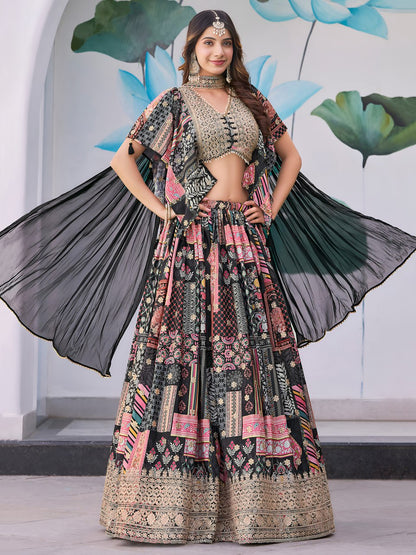 Black and Multicolor Printed Designer Lehenga Choli with Embroidered Blouse and Dupatta