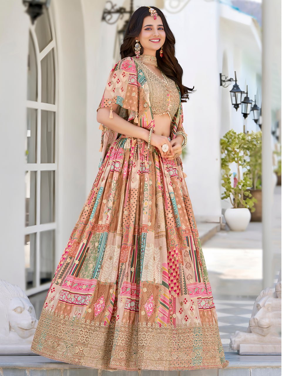 Beige Multicolor Printed and Embroidered Designer Lehenga Choli with Dupatta