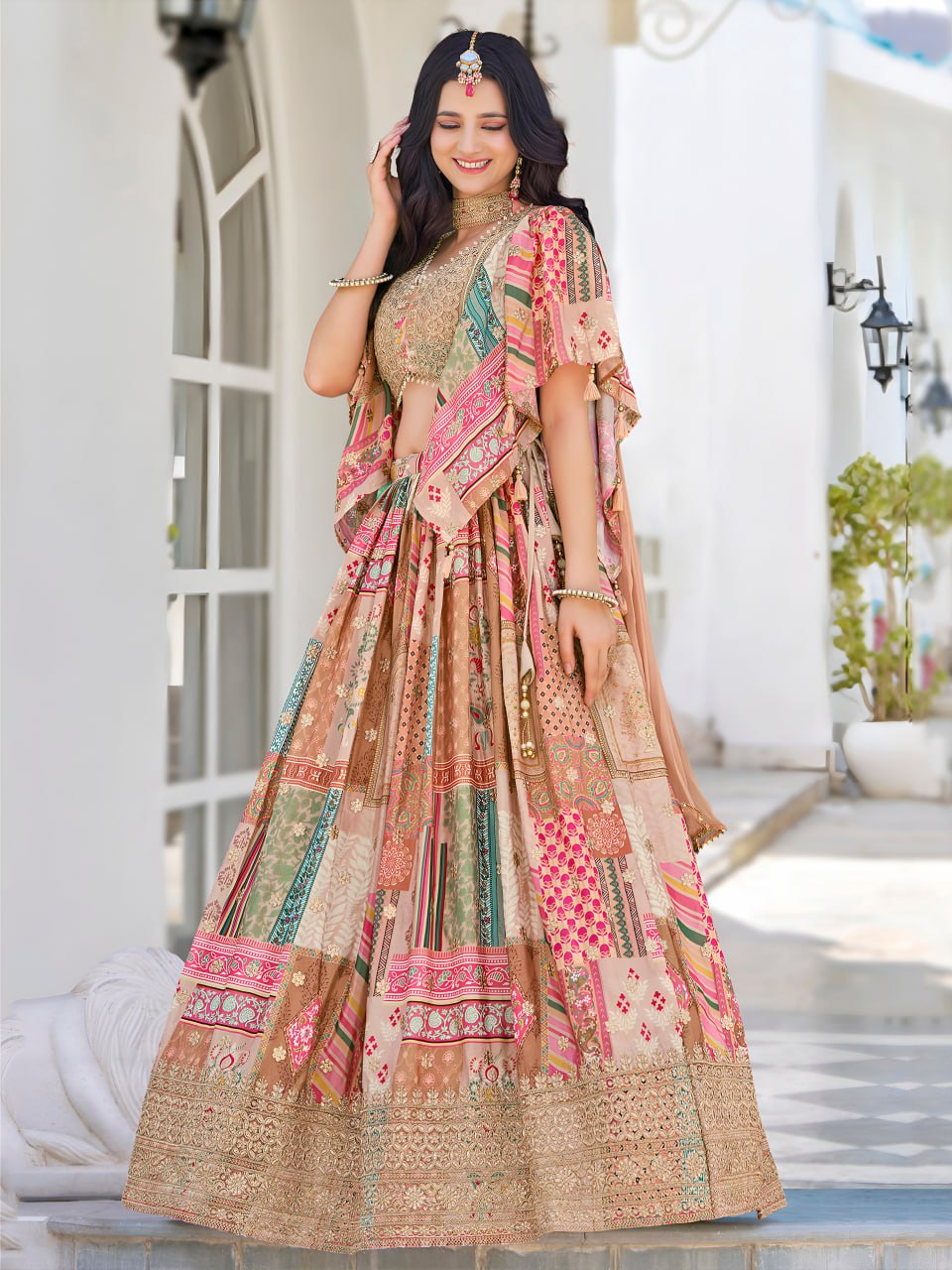 Beige Multicolor Printed and Embroidered Designer Lehenga Choli with Dupatta