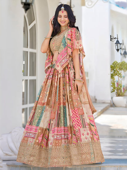 Beige Multicolor Printed and Embroidered Designer Lehenga Choli with Dupatta
