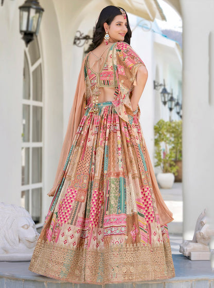 Beige Multicolor Printed and Embroidered Designer Lehenga Choli with Dupatta
