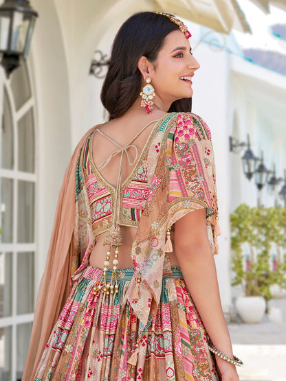 Beige Multicolor Printed and Embroidered Designer Lehenga Choli with Dupatta
