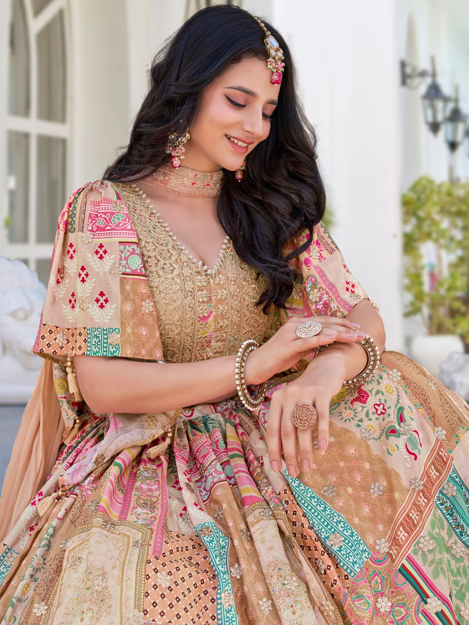 Beige Multicolor Printed and Embroidered Designer Lehenga Choli with Dupatta