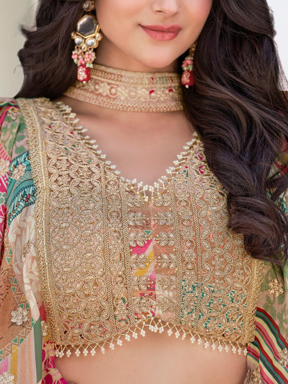 Beige Multicolor Printed and Embroidered Designer Lehenga Choli with Dupatta