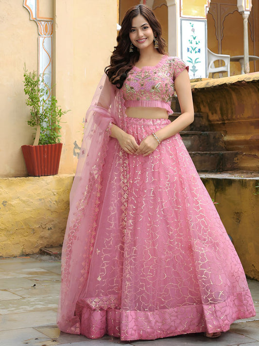 Pink Net Lehenga Choli with Floral Embroidery & Sequins Work Dupatta