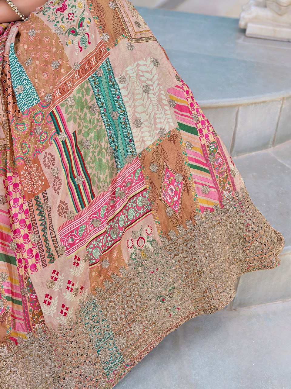 Beige Multicolor Printed and Embroidered Designer Lehenga Choli with Dupatta