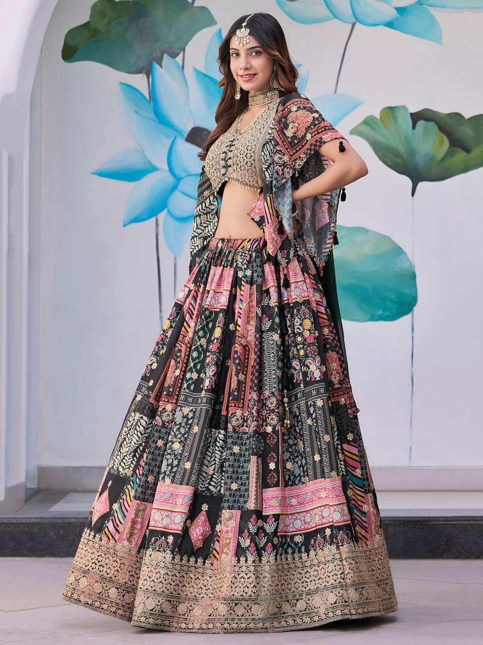 Black and Multicolor Printed Designer Lehenga Choli with Embroidered Blouse and Dupatta