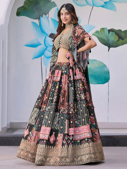 Black and Multicolor Printed Designer Lehenga Choli with Embroidered Blouse and Dupatta