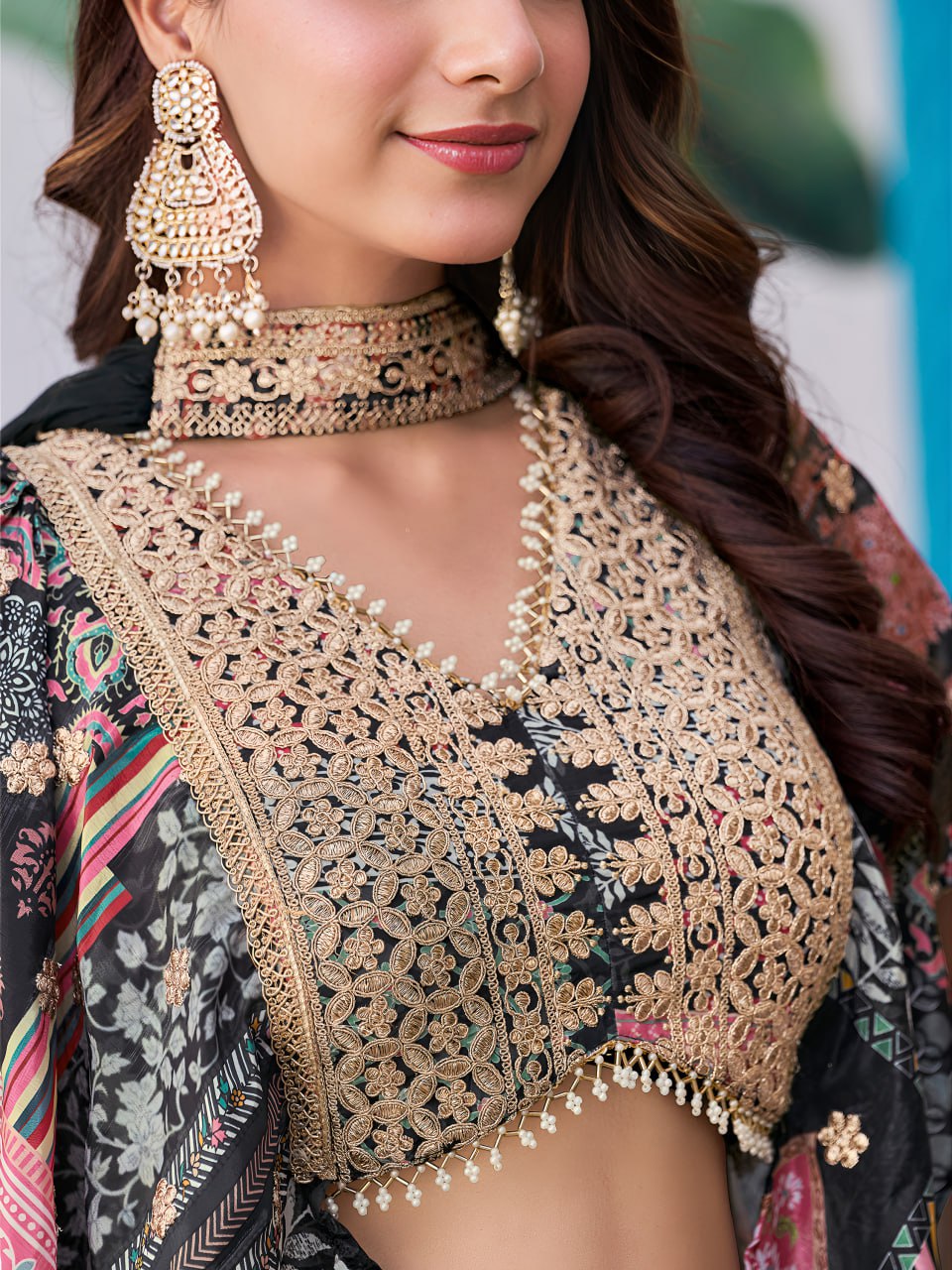 Black and Multicolor Printed Designer Lehenga Choli with Embroidered Blouse and Dupatta