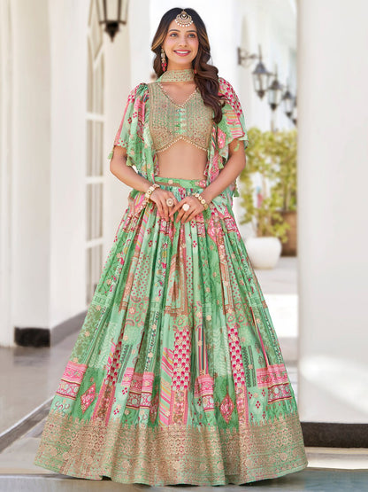 Green and Pink Printed Designer Lehenga Choli with Embroidered Blouse and Dupatta