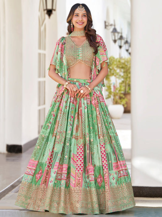Green and Pink Printed Designer Lehenga Choli with Embroidered Blouse and Dupatta