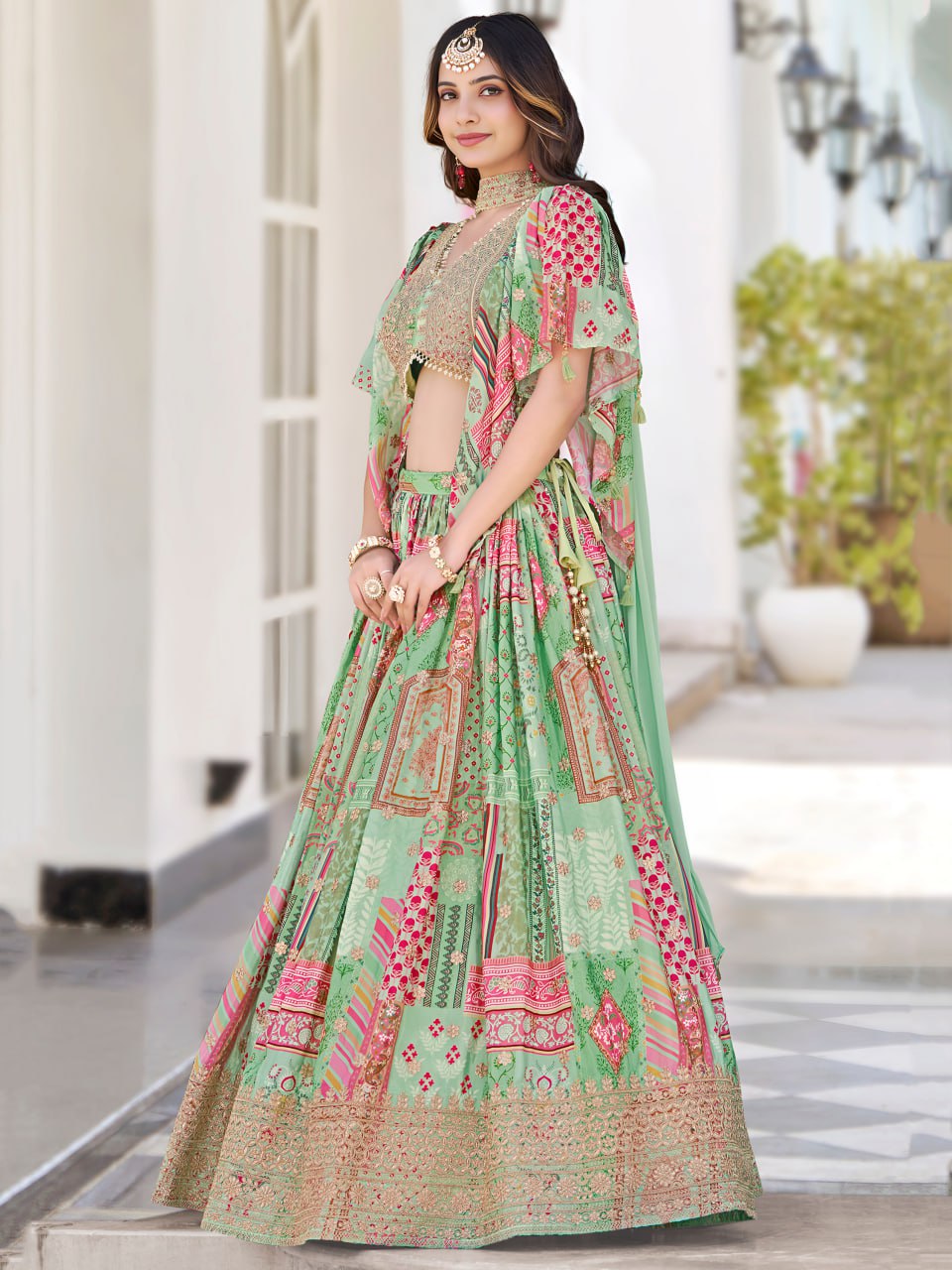 Green and Pink Printed Designer Lehenga Choli with Embroidered Blouse and Dupatta