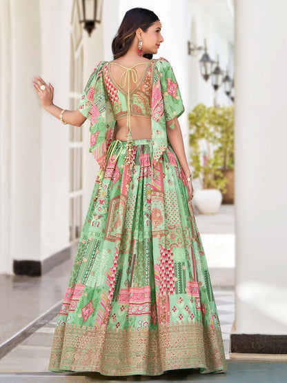 Green and Pink Printed Designer Lehenga Choli with Embroidered Blouse and Dupatta