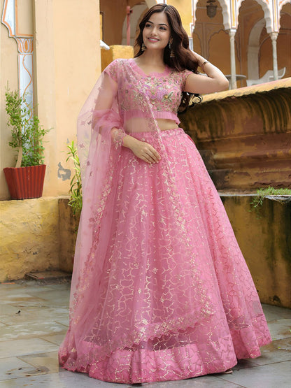 Pink Net Lehenga Choli with Floral Embroidery & Sequins Work Dupatta