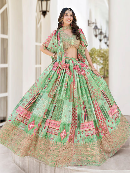 Green and Pink Printed Designer Lehenga Choli with Embroidered Blouse and Dupatta