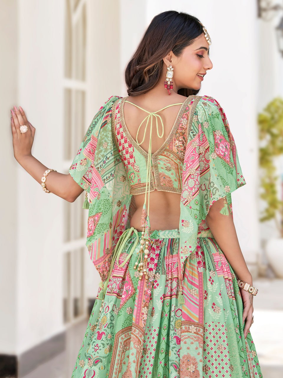 Green and Pink Printed Designer Lehenga Choli with Embroidered Blouse and Dupatta
