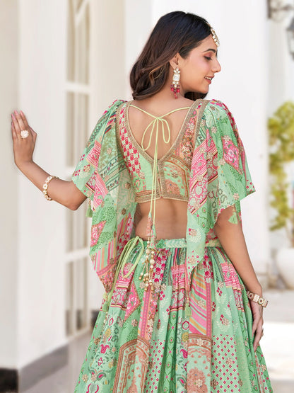 Green and Pink Printed Designer Lehenga Choli with Embroidered Blouse and Dupatta