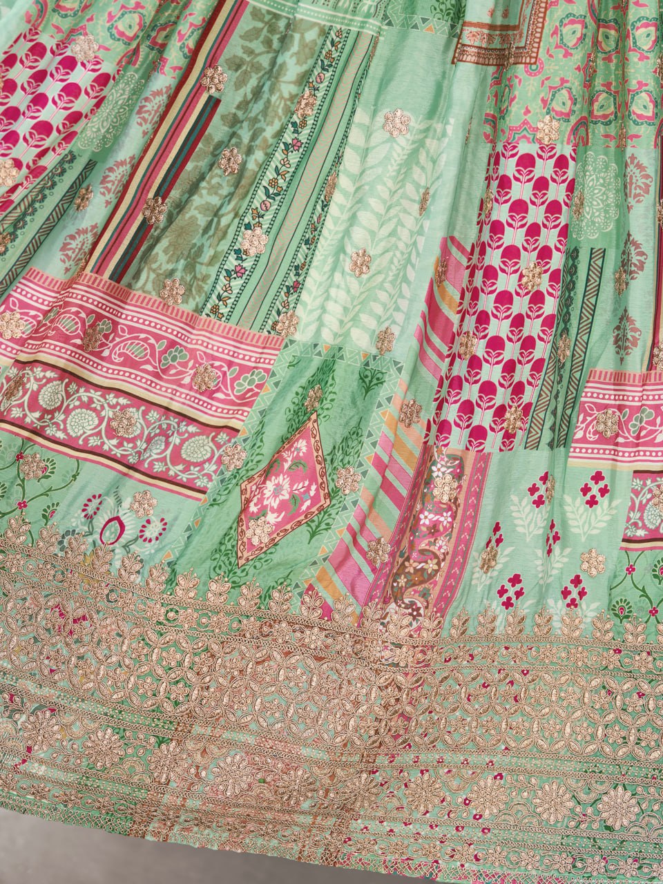 Green and Pink Printed Designer Lehenga Choli with Embroidered Blouse and Dupatta