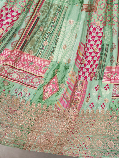 Green and Pink Printed Designer Lehenga Choli with Embroidered Blouse and Dupatta