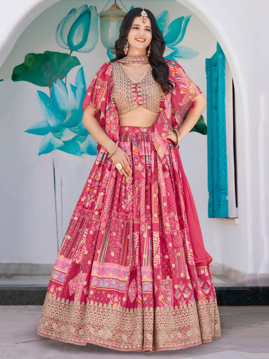 Pink Designer Printed Lehenga Choli with Embroidered Blouse and Dupatta