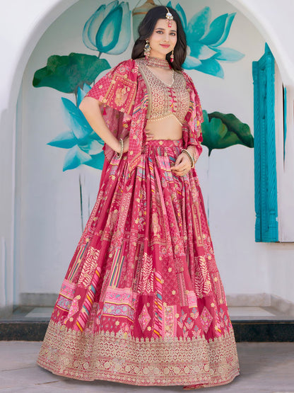 Pink Designer Printed Lehenga Choli with Embroidered Blouse and Dupatta