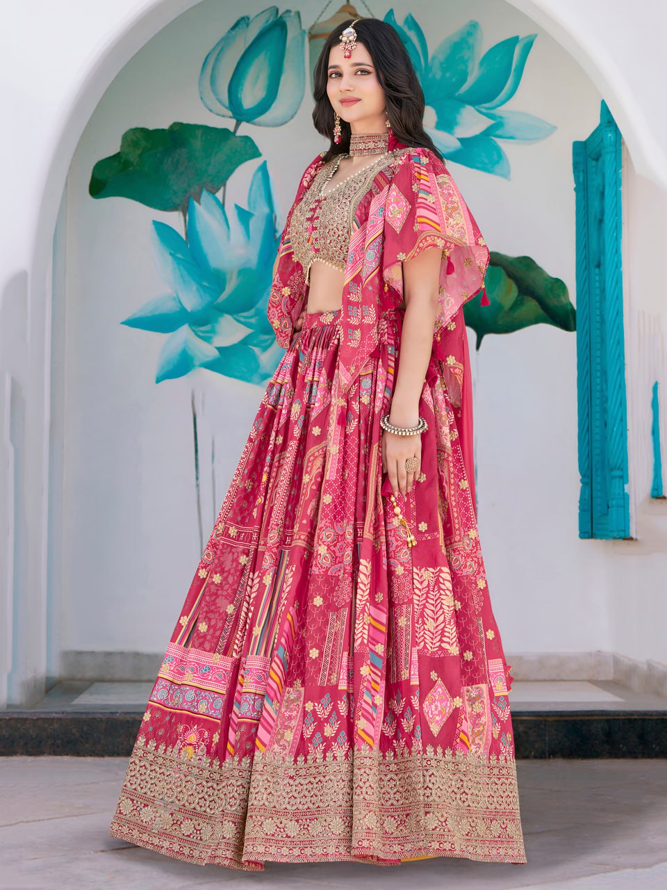 Pink Designer Printed Lehenga Choli with Embroidered Blouse and Dupatta