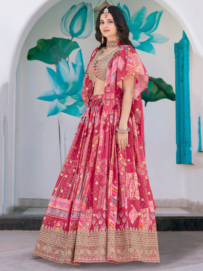 Pink Designer Printed Lehenga Choli with Embroidered Blouse and Dupatta