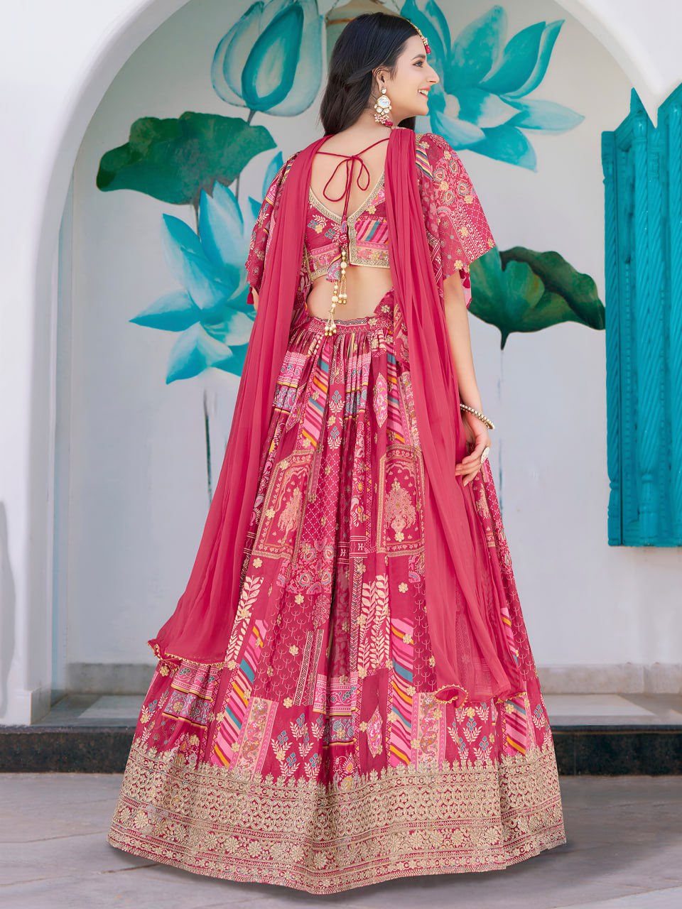 Pink Designer Printed Lehenga Choli with Embroidered Blouse and Dupatta