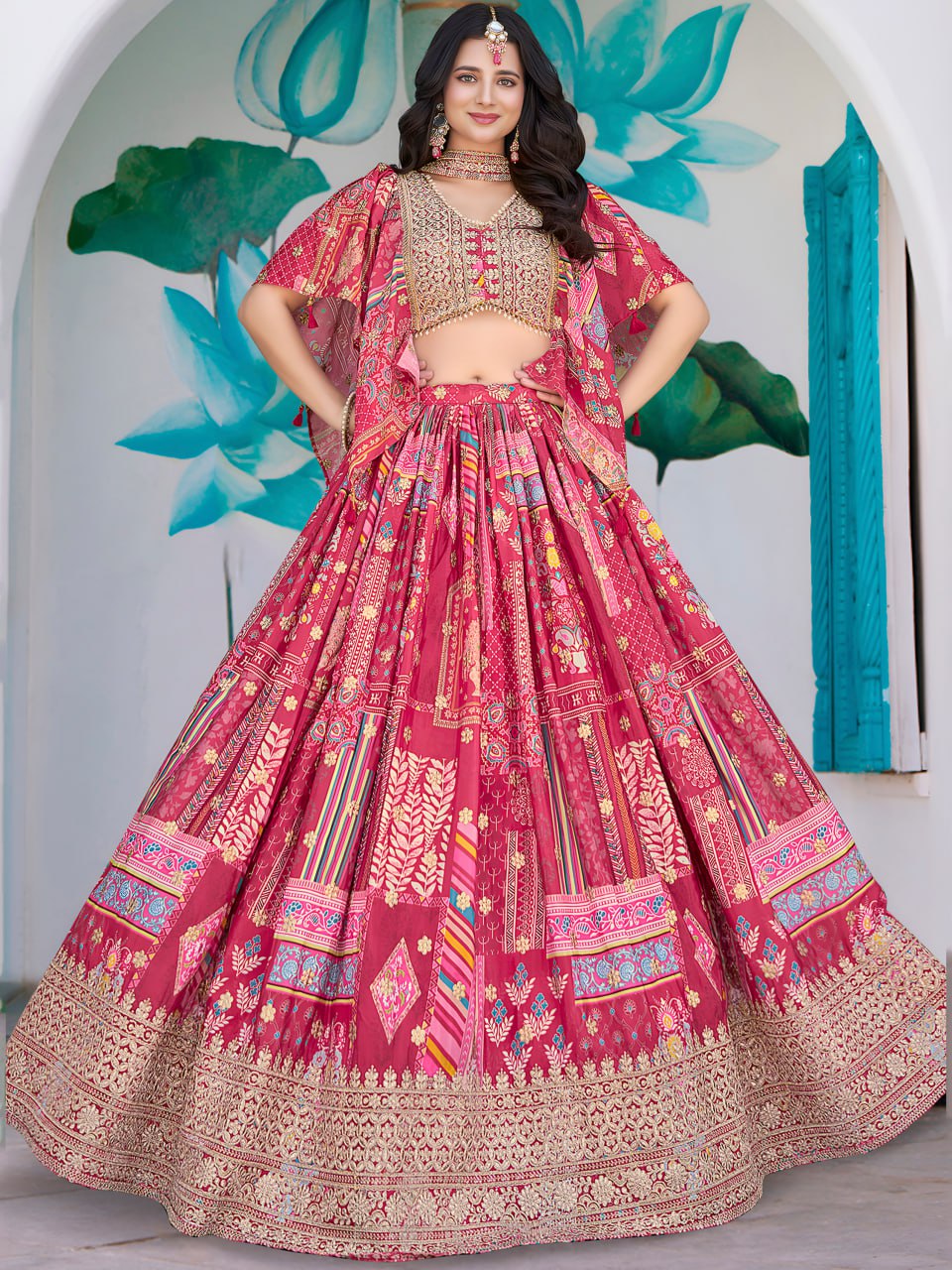 Pink Designer Printed Lehenga Choli with Embroidered Blouse and Dupatta