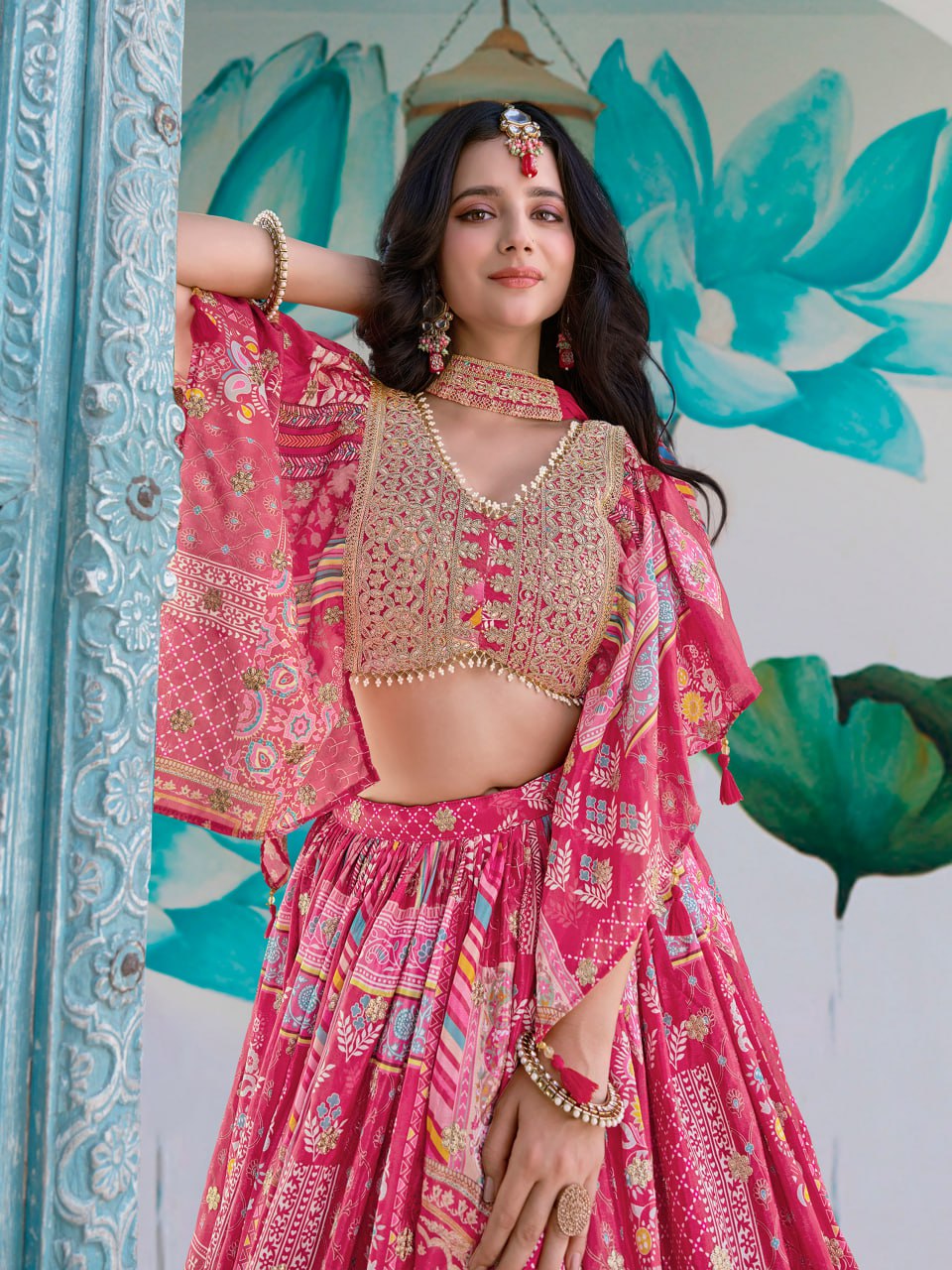 Pink Designer Printed Lehenga Choli with Embroidered Blouse and Dupatta