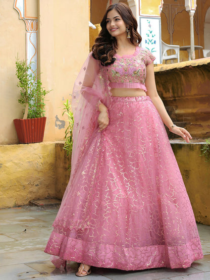 Pink Net Lehenga Choli with Floral Embroidery & Sequins Work Dupatta