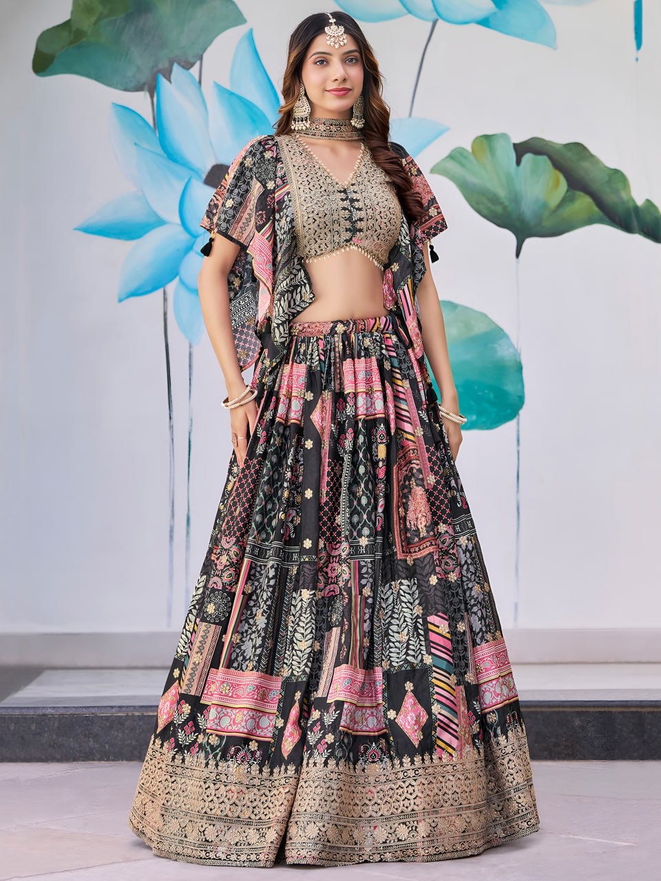 Black and Multicolor Printed Designer Lehenga Choli with Embroidered Blouse and Dupatta