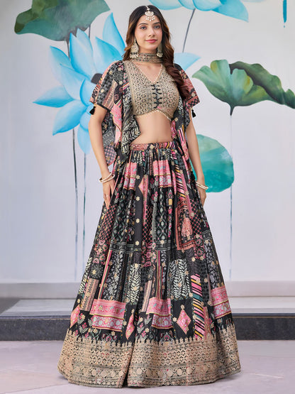 Black and Multicolor Printed Designer Lehenga Choli with Embroidered Blouse and Dupatta