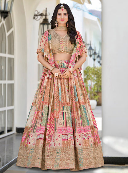 Beige Multicolor Printed and Embroidered Designer Lehenga Choli with Dupatta