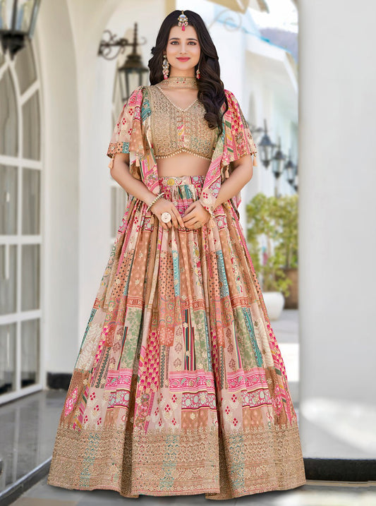 Beige Multicolor Printed and Embroidered Designer Lehenga Choli with Dupatta