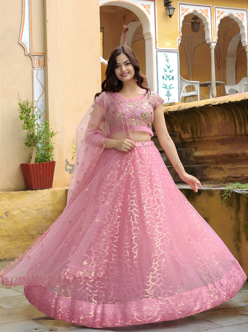 Pink Net Lehenga Choli with Floral Embroidery & Sequins Work Dupatta
