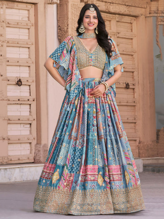 Designer Blue Printed Lehenga Choli with Embroidered Blouse & Dupatta