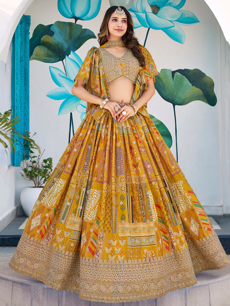 Designer Yellow Printed Lehenga Choli with Embroidered Blouse & Dupatta