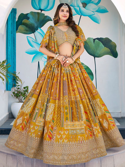 Designer Yellow Printed Lehenga Choli with Embroidered Blouse & Dupatta