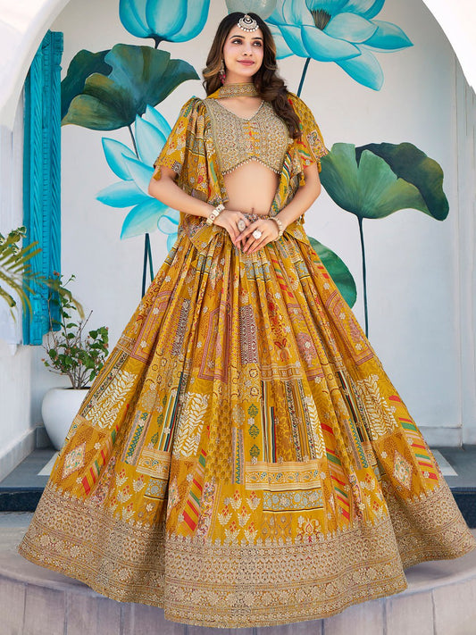 Designer Yellow Printed Lehenga Choli with Embroidered Blouse & Dupatta
