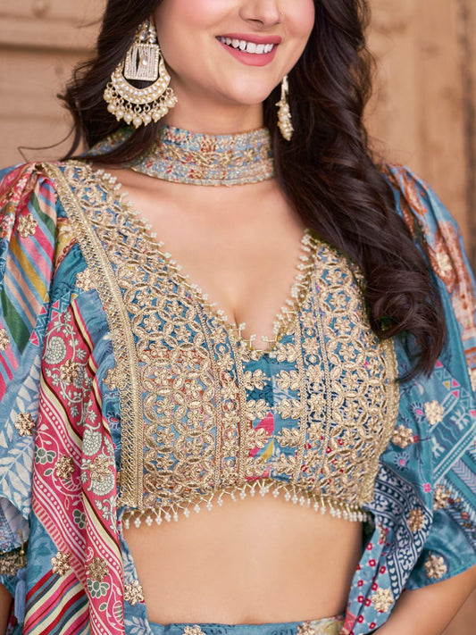 Designer Blue Printed Lehenga Choli with Embroidered Blouse & Dupatta