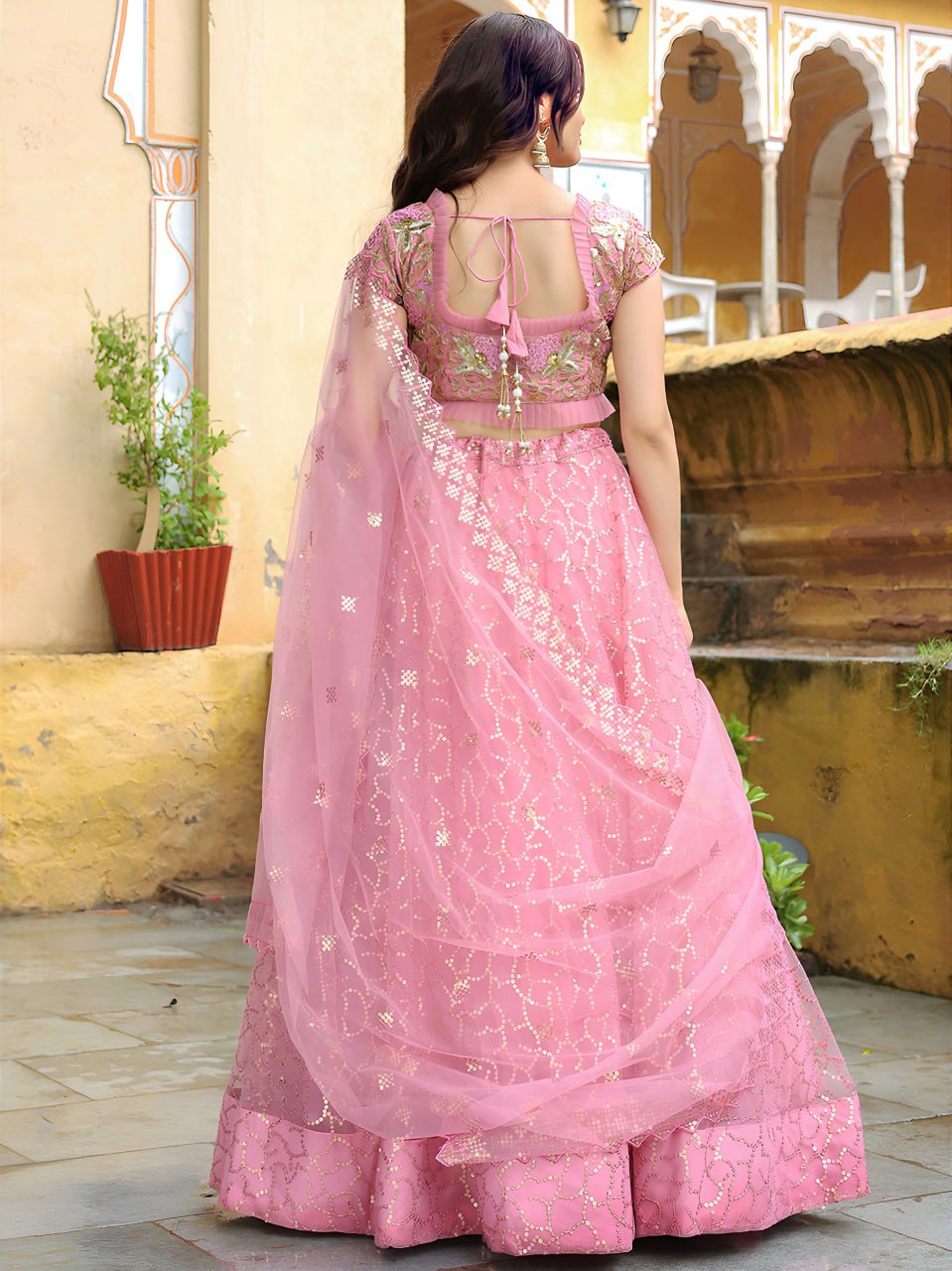 Pink Net Lehenga Choli with Floral Embroidery & Sequins Work Dupatta