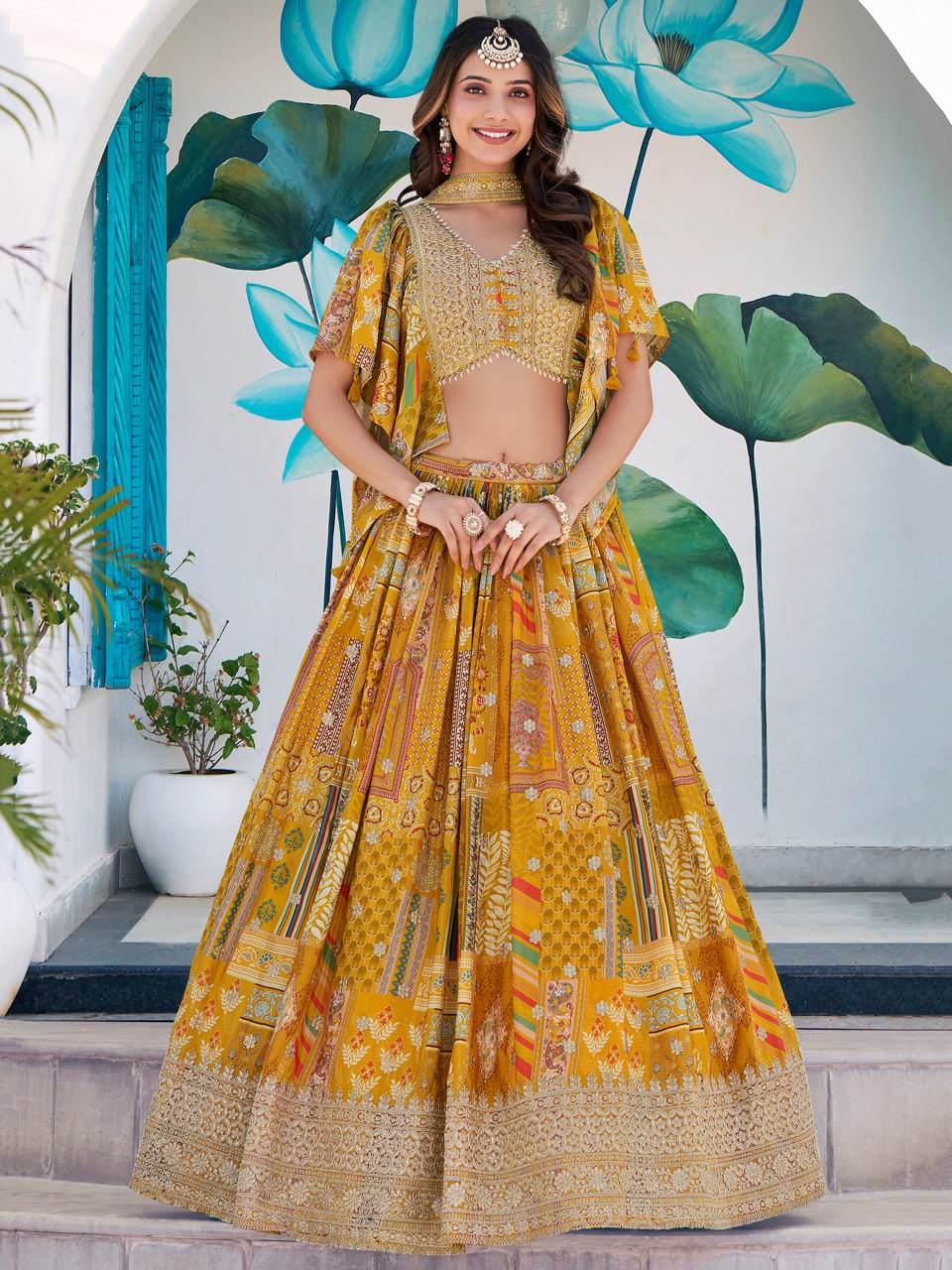 Designer Yellow Printed Lehenga Choli with Embroidered Blouse & Dupatta