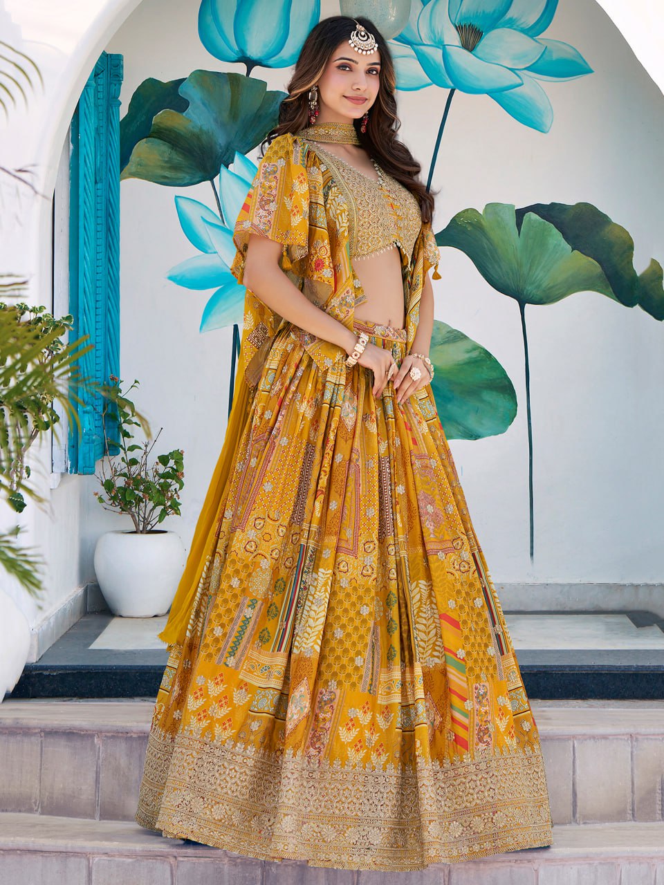 Designer Yellow Printed Lehenga Choli with Embroidered Blouse & Dupatta