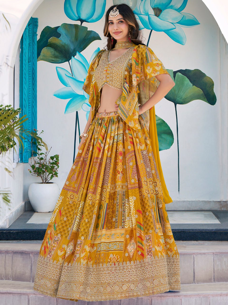 Designer Yellow Printed Lehenga Choli with Embroidered Blouse & Dupatta