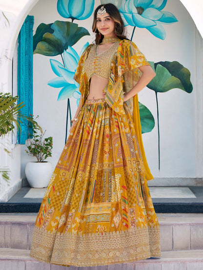 Designer Yellow Printed Lehenga Choli with Embroidered Blouse & Dupatta