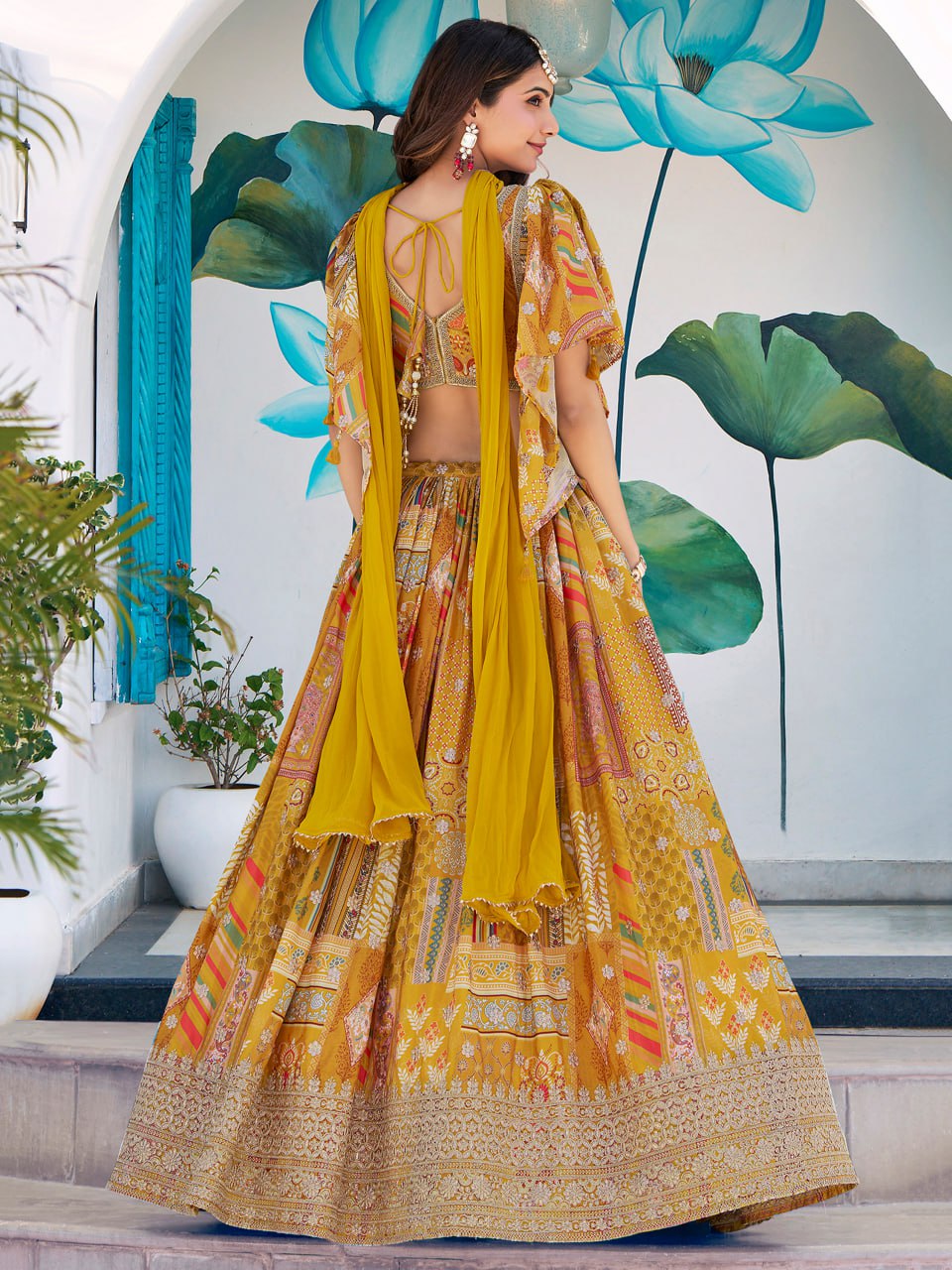 Designer Yellow Printed Lehenga Choli with Embroidered Blouse & Dupatta