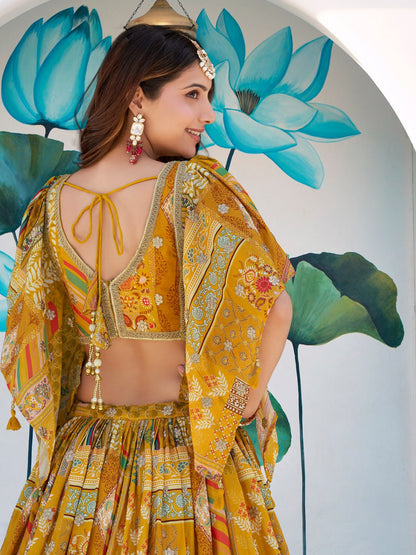 Designer Yellow Printed Lehenga Choli with Embroidered Blouse & Dupatta