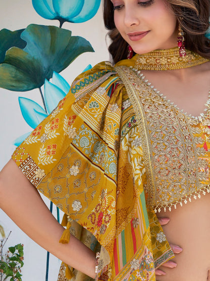 Designer Yellow Printed Lehenga Choli with Embroidered Blouse & Dupatta