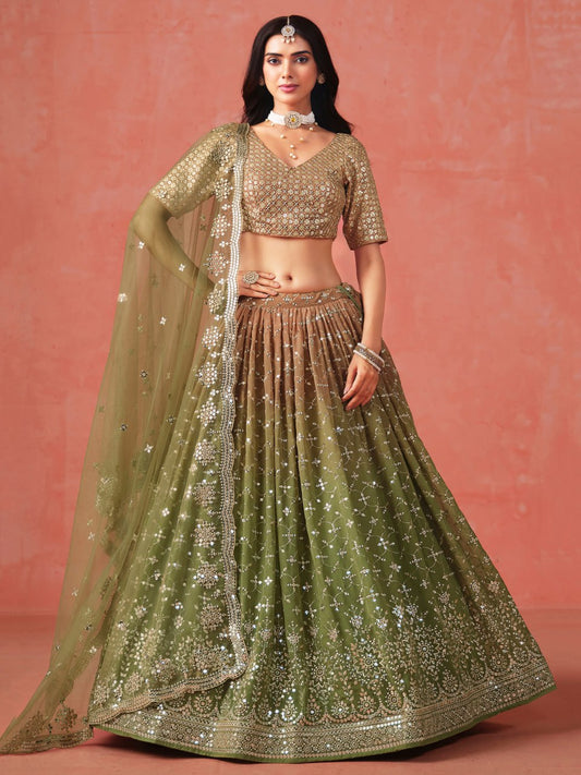 Olive Green Zari Georgette Embroidered Lehenga Choli with Net Dupatta